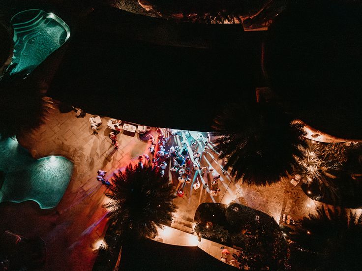 An overhead view of the after party at the pool of a wedding in the Virgin Islands